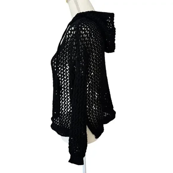 NICOLE MILLER ARTELIER Sweater Womens Medium Black Crochet Hoodie Vacation - Picture 4 of 11